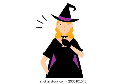 Halloween costume, woman dressed as a witch slapping her chest, leave it to me pose