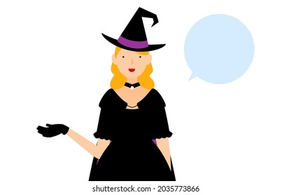 Halloween costume, woman dressed as a witch talking with her right hand out (with speech bubble)