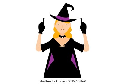 Halloween costume, a woman in a witch costume pointing with both hands