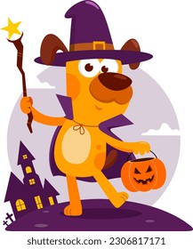 Halloween Costumed Dog Cartoon Character With Magic Wand And Pumpkin Bag. Vector Illustration Flat Design Isolated On Transparent Background