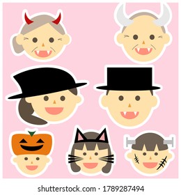 Halloween costumed Family members. Vector illustration icons with white frame. Smiling and happy atmosphere. 