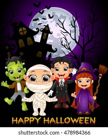 Halloween costumes with frankenstein, mummy, dracula and little witch. Vector illustration 