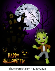 Halloween costumes frankenstein with pumpkin on haunted castle background .vector illustration 