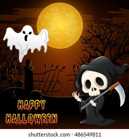 Halloween costumes with grim reaper and flying ghost.Vector illustration