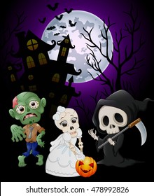 Halloween costumes grim reaper with skull bride and zombie on haunted castle background .vector illustration 