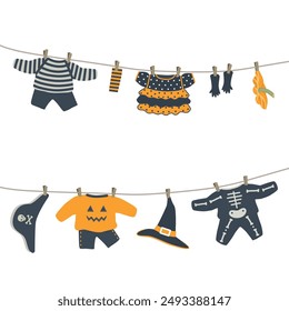 Halloween Costumes Hanging on Clotheslines. Set. Orange and Black Holidays Items. Witch, Skeleton, Pumpkin, Pirate Kids Costumes. Halloween Kids Costumes Isolated on White. Vector illustration