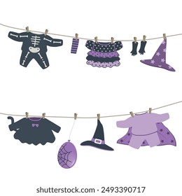 Halloween Costumes Hanging on Clotheslines. Set. Purple and Black Holidays Items. Witch, Skeleton, Wizard, Cat Girl Kids Costumes. Halloween Kids Costumes Isolated on White. Vector illustration