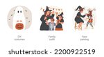 Halloween costumes isolated cartoon vector illustration set. Kid wearing DIY ghost costume, family Halloween outfit, dressed like skeletons and witches, face painting, spooky makeup vector cartoon.