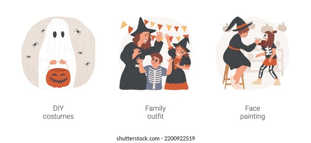 Halloween Costumes Isolated Cartoon Vector Illustration Set. Kid Wearing DIY Ghost Costume, Family Halloween Outfit, Dressed Like Skeletons And Witches, Face Painting, Spooky Makeup Vector Cartoon.