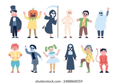 Halloween costumes kid. Children in different spooky outfits. Pumpkin vampire clown death nun. Festival party or carnival little recent vector characters