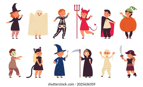 Niño de disfraces de Halloween. Niños de grupos de disfraces, fiesta de celebración para niños. Niña zombi, niña pequeña pirata y sonrisa divertida esqueleto vector decente conjunto