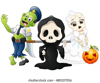 Halloween costumes kids with grim reaper, skull bride and zombie.Vector illustration