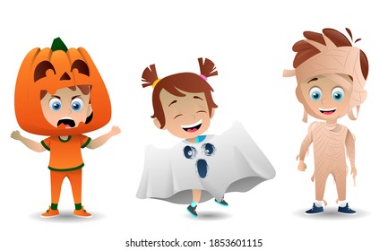 Halloween costumes kids scary characters costume collection. Boys and girls in scary monsters costumes cartoon illustrations. Vector illustration