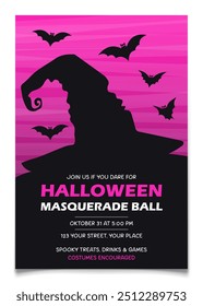 Fantasias de Halloween mascarar panfleto de festa com silhueta de chapéu de bruxa e morcegos. Design preto e magenta. Perfeito para convites de Halloween, promoção de eventos ou decorações de festa. Ilustração vetorial.