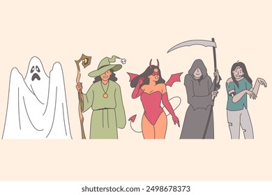 Halloween costumes for men and women dressed up as ghost and witch or sorcerer and grim reaper. People from halloween festival want to scare audience so they can cast traditional trick-or-treat spell.