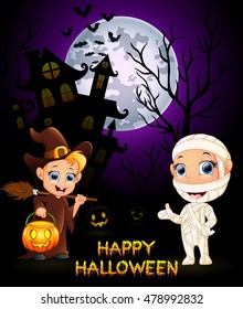 Halloween costumes mummy and little witch .vector illustration 