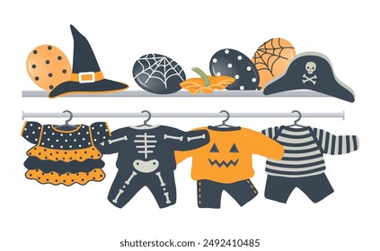 Halloween Costumes on Hangers. Orange and Black Holidays Items. Witch, Skeleton, Pumpkin, Pirate Kids Costumes. Halloween Balloons. Halloween Kids Costumes Store. Vector illustration