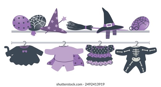 Halloween Costumes on Hangers. Purple and Black Holidays Items. Witch, Skeleton, Wizard, Cat Girl Kids Costumes. Halloween Balloons. Halloween Kids Costumes Store. Vector illustration