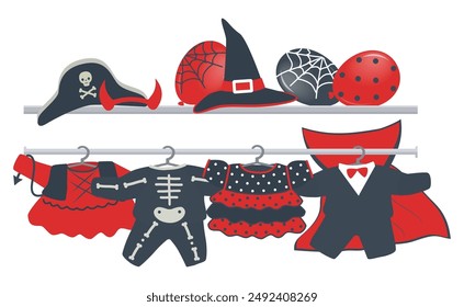 Halloween Kostüme auf Kleiderbügeln. Rote und schwarze Feiertage. Hexe, Skelett, Imp Mädchen, Vampir, Piraten Kinder Kostüme. Halloween Ballons. Halloween Kids Party Vorlage. Vektorillustration