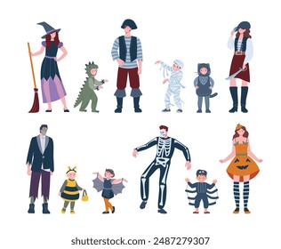 Halloween costumes. Party children and adults characters. Pirates pumpkin outfit and skeleton, dino and bat costume. Spooky kicky vector people