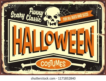 Halloween costumes retro shop sign board. Vintage Halloween poster card with skull on black background. 