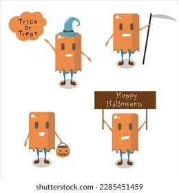 Halloween costumes. Set of a child in a ghost costume. Inscription on a wooden board Happy Halloween. Vector 
Vector illustration. 10 EPS

