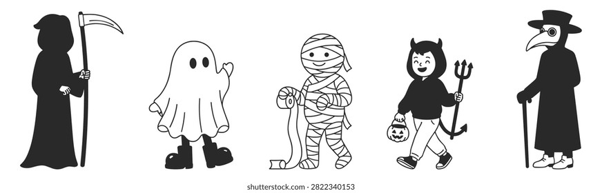 halloween costumes set including grim reaper ghost mummy devil and plague doctor in black and white line art on transparent background