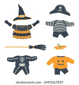 Halloween Costumes. Set. Orange and Black Holidays Items. Witch, Skeleton, Pumpkin, Pirate Kids Costumes. Broom. Halloween Kids Costumes Isolated on White Background. Vector illustration