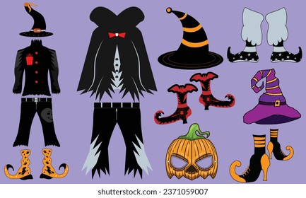 Halloween Costumes Set with Spooky Witch Hat and Scary Vest, Creepy Pumpkin Mask Vector with Halloween Wizard Shoes