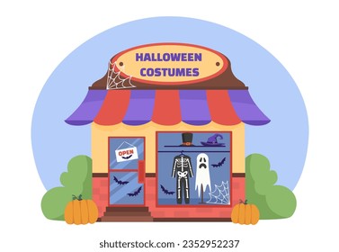 Concepto de tienda de disfraces de Halloween. Festival tradicional de miedo y horror. Disfraces de ghost y esqueleto para el evento y la fiesta. Mercado y ritmo del comercio al por menor. Dibujo vectorial plano de dibujos animados