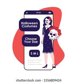 Halloween costumes smartphone app screen. Mobile phone displays with cartoon characters design mockup. Skeleton suit. Clothing for rent. Online store application telephone interface