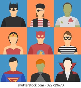 Halloween costumes superheroes, zombie, witch, pirate, thief, vampire. Nine halloween avatars. Five male, four female.