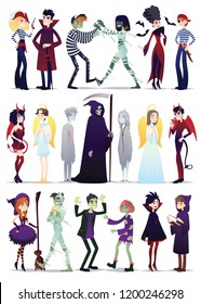 Disfraces de Halloween. Imagen vectorial de jóvenes disfrazados para la fiesta de máscaras de Halloween aislados de fondo blanco. Parejas de personajes de Halloween al estilo de caricatura. Establecer.