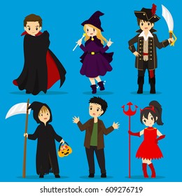 Halloween costumes vector set : dracula, witch, pirate captain, grim reaper, frankenstein, devil.