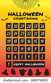 Halloween countdown calendar. Autumn holiday advent. Design wall art, poster, banner, printable, decor. Gradient yellow and red background with numbers, cobwebs, ghosts and bats, vector. 