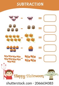 Halloween Counting Math Worksheet. Additional math worksheet for preschool. Educational printable math worksheet. Preschool Education. Vector illustration.