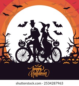 Halloween Couple Riding Bicycle with Pumpkins and Bats, Vintage Halloween Silhouette: Witch and Gentleman on Bicycles, Halloween Biker Couple with Pumpkins and Flying Bats.