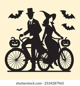 Pareja de Halloween montando bicicleta con calabazas y murciélagos, Antiguas Silueta de Halloween: bruja y caballero en bicicletas, pareja de ciclistas de Halloween con calabazas y murciélagos voladores.