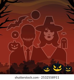 Halloween Couple Silhouette with Creepy Masks, Pumpkins, and Ghost, Witch and Masked Man Halloween Silhouette with Spooky Pumpkin Faces Dark Halloween Duo with Ghost, Bats, and Jack-o'-Lanterns