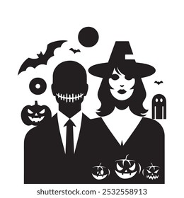 Halloween Couple Silhouette with Creepy Masks, Pumpkins, and Ghost, Witch and Masked Man Halloween Silhouette with Spooky Pumpkin Faces Dark Halloween Duo with Ghost, Bats, and Jack-o'-Lanterns