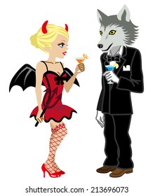Halloween Couple,Devil And Wolf Man,Isolated