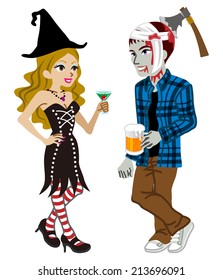 Halloween couple,Witch and undead,Isolated