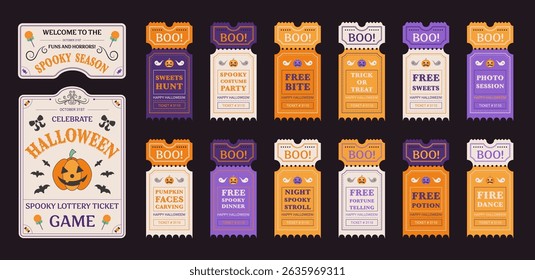 Halloween coupons and game lottery tickets with playful spooky interactions. Creepy graphic decorative elements with pumpkins and ghosts, cards and scary game. Vector illustration.