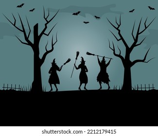 Halloween coven. Witches dance with brooms. Black silhouettes of women and trees on a blue background. There are also bats in the picture. Halloween party. Vector illustration