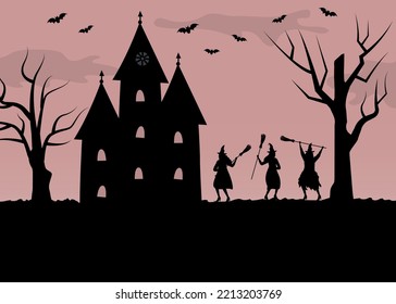 Halloween coven. Witches dance with brooms. Black silhouettes of women, castle and trees on pink background. There are also bats in the picture. Halloween party template. Vector illustration