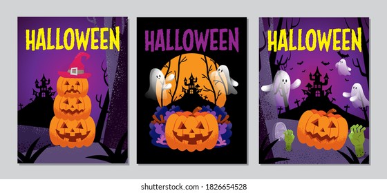 Halloween Cover Banners with Scary Spooky Ghost cartoon characters, template Vector illustration.