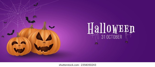 Halloween cover design. Emotional cartoon 3D pumpkins and spider web with flying bats. Trick or treat. Vector illustration. EPS 10