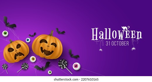 Halloween cover of emotional cartoon pumpkins with 3d eyes, black lollipops, bats on purple background. Trick or treat. Cover for holiday. Design greeting card. Vector illustration. EPS 10