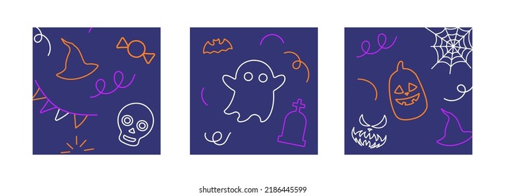 Halloween cover poster set background with cute scary elements. Ghost, bat, candy object. Broschure background. Vector illustration