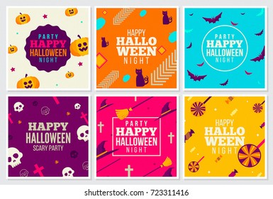 Halloween Covers Vector Flat Style Illustration with Text and Cute Happy Elements Pumpkin Skull Bat Witch Broom and Hat ideal for Invitation, Card, Web, Page, Ads, Banner